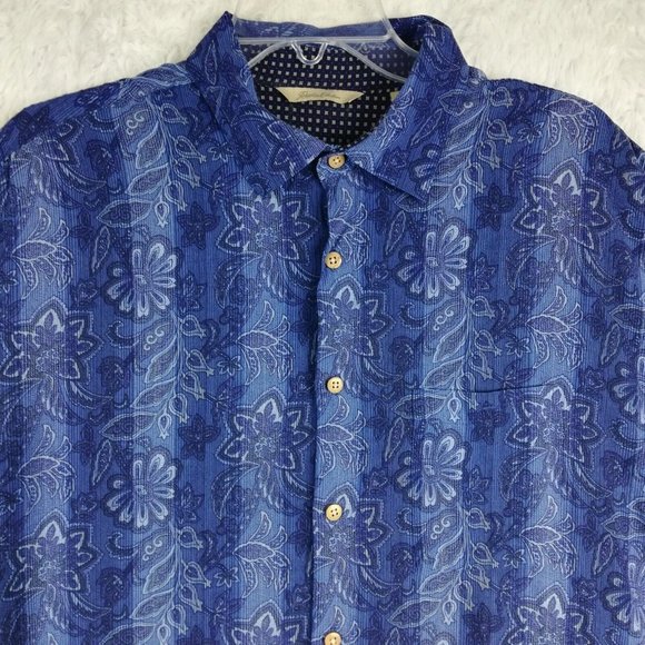 Paradise Collection‎ Mens Shirt Button Down Short Sleeve Blue Floral Stripe XL - Picture 3 of 13